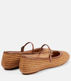 Carla raffia and leather ballet flats in brown - Gianvito Rossi | Mytheresa Raffia Shoes, Gold Ballet Flats, Rossi Shoes, Buckled Flats, Round Toe Shoes, Brown Flats, Black Ballet Flats, White Flats, Leather Ballet Flats