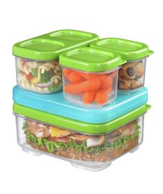 three plastic containers stacked on top of each other with food in them and vegetables inside