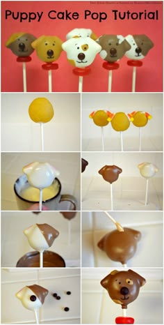 there are many different pictures of dogs on the cake pops and lollipops