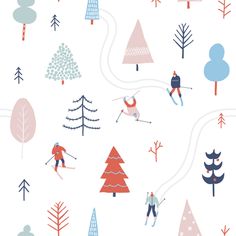 skiers going down the slope in winter time with trees and snowflakes on white background