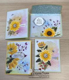 three cards with sunflowers on them