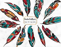 colorful feathers are arranged in the shape of a circle on a marble background with a place for