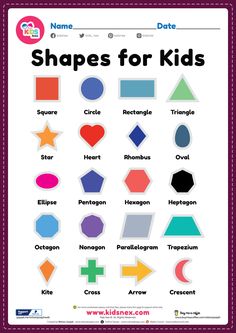 shapes for kids poster with the names and colors on it's front page,