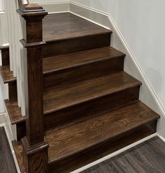 Crown Heritage solid hardwood stair risers offer the highest craftsmanship, quality, and will provide years of enjoyment and use. The S4S profile with square edges are ideal to install with Crown Heritage treads, but can be used for almost any installation. Beautifully finish with your choice of stain to match or coordinate your surrounding floors and décor, or paint to provide a pop of contrasting color. Each riser is designed to be trimmed to fit your specific project dimensions, and installs Wood Stain Stairs, Wood Stairs With White Risers, Carpet Stairs To Wood Transition, Wood Steps Indoor, Stairway Flooring, Black And Wood Stairs, Staircase Spindle Ideas, Wooden Stairs Ideas, Dark Wood Stairs