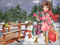 a painting of a woman carrying shopping bags in the snow with a snowman next to her