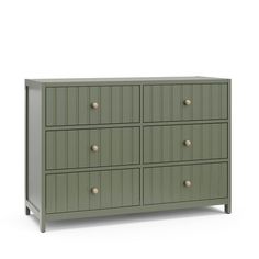 a green dresser with six drawers and two knobs on each drawer, in front of a white background