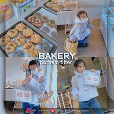 there are two children standing in front of some bakery items and one is holding a bag