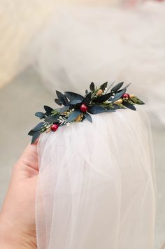 Floral hair comb for bride, bridesmaid, or flower girl Comb size - 8,5 cm (3,5 inches) Length of floral part ~ 12-13 cm (5 inches) Matching boutonniere, flower bracelet, hair crown can be made to order along with this accessory here: https://www.etsy.com/listing/735358517 Explore more items at mavkastore.etsy.com Holiday Winter Hair Jewelry, Bridal Veils For Christmas Bride, Evergreen Hair Clip, Forrest Hair Pieces, Holly Hair Piece, Hair Comb With Veil, Boutonniere Eucalyptus, Greenery Hair Piece, Simple Floral Wedding