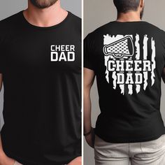 This is perfect for our cheer dads! You totally need this! **Shirt in the main photo is the Unisex Tee** Design is done and high-quality heat transfer vinyl. These shirts come in a wide variety of styles and sizes. Please be sure to select the correct size and style from the style drop-down menu. We are not responsible for incorrect size or style selection. Our shirts are custom made to order and are non refundable or exchangeable. Size charts can be found in my FAQ section for reference. Just c Cotton Tops For Father's Day Sports Events, Cotton Tops For Sports Events On Father's Day, Fan Apparel T-shirt For Game Day On Father's Day, Father's Day Game Day Fan Apparel T-shirt, Game Day Team Spirit T-shirt For Father's Day, Cheer Family Shirts, Cotton T-shirt For Game Day And Father's Day, Cotton T-shirt For Game Day On Father's Day, Father's Day Team Spirit Graphic T-shirt