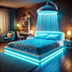 a bed that has some lights on it and is in the middle of a room