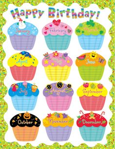 happy birthday cupcakes card with the words happy birthday written on them in different colors