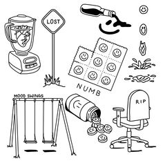 a black and white drawing of various items in the park, including a sign that says no