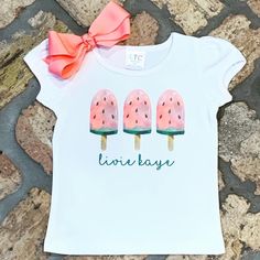 It doesn't get much cuter than watermelon popsicles!! Perfect for summer play days, or even for a watermelon themed birthday!! Design is a sublimation design which is ink. No vinyl!! Please choose size from drop down menu & don't forget to put in notes to seller at checkout the name you would like on the shirt. Watermelon Popsicles, Watercolor Watermelon, Watermelon Shirt, Watermelon Summer, Summer Play, Watermelon Birthday, Play Day, Birthday Design, Summer Kids