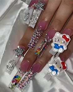 Retro Nails, Spring Acrylic Nails, Hello Nails, Grunge Nails, Hello Kitty Nails, Unique Acrylic Nails