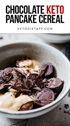 chocolate keto pancake cereal in a bowl with the text overlay above it