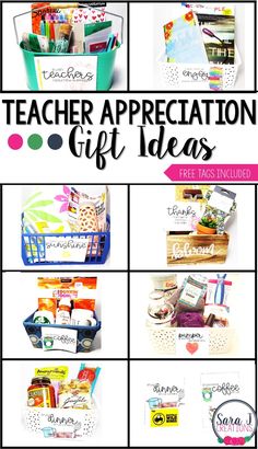 teacher appreciation gift ideas for teachers with the words teacher appreciation on it and images of different items