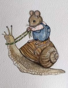 a drawing of a mouse riding on top of a snail