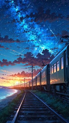 a train traveling down tracks next to the ocean under a night sky filled with stars