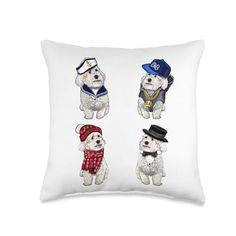 three dogs wearing hats and scarfs on a white pillow with the words,'dog in