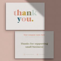 two business cards with the words thank you and thanks for supporting small businesses on them