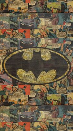 an image of a batman comic panel with many different comics and characters around it, including the logo