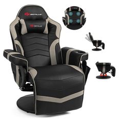 an image of a black and white gaming chair with remote controls on it's arm