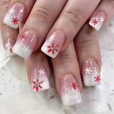 24Pcs Square Press on Christmas French Fake Acrylic False Artificial Glues on for Womens Drop White Tip Winter Nails, Christmas French Nails Design, Christmas Nail Art Designs Snowflakes, French Manicure Christmas Nails, Christmas Nail Ideas Holiday, French Tip Christmas Nails, Christmas Snowflakes Nails, Nail Art For Girls, Nails Short Square