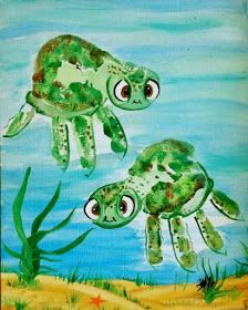 two green sea turtles swimming in the ocean with starfishs and plants around them