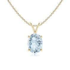 A 14k yellow gold pendant studded with a prong-set oval aquamarine. The solitaire looks spectacular in its light blue hue that resembles the sky. V-shaped bale adds to the sophisticated look of the pendant. Choose from different stone qualities (good, better, best and heirloom) and multiple total carat weight options. Classic Light Blue Oval Jewelry, Good Better Best, Aquamarine Pendant, Aquamarine Jewelry, Rose Gold Pendant, Solitaire Pendant, Yellow Gold Pendants, Blue Hues, 18k Rose Gold