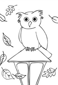 an owl is sitting on top of a lamp post in the fall leaves coloring page