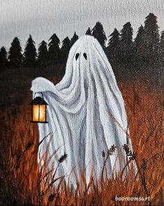 a painting of a ghost holding a lantern in a field with tall grass and trees