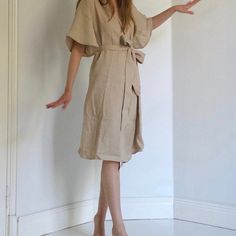 MARY Linen Wrap Dress / Linen Kimono Wrap Dress | Etsy Belted Linen Wrap Dress, Daywear Belted Wrap Dress, Belted Short Sleeve Wrap Dress For Beach, Short Sleeve Belted Wrap Dress For Beach, Belted Wrap Dress For Daywear, Belted Wrap Dress With Short Sleeves For Beach, Beach Wrap Linen Dress With Tie Waist, Spring Beige Belted Dress With Tie Waist, Summer Wrap Dress With Kimono Sleeves And Belted Waist