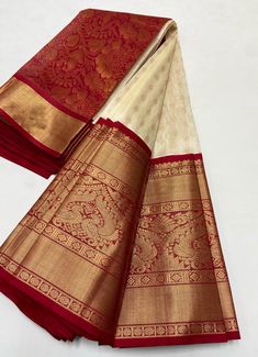 two red and white sari with gold borders on the top, one is folded up