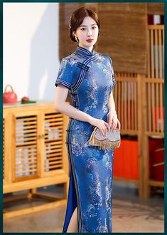 Blue Cheongsam Dress, Blue Qipao, Blue Cheongsam, Blue Peony, Blue Peonies, Qipao Cheongsam, Qipao Dress, Peony Flowers, Embroidery Gifts