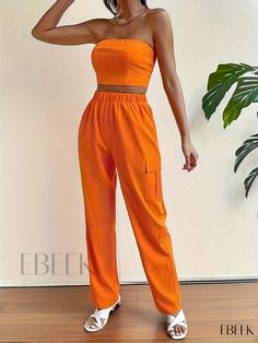 Ebeek - Chic Solid Two-Piece Set: Sleeveless Tube Crop Top and Pocket Elastic Waist Pants Ensemble - Womens Fashion Attire Casual Sleeveless Sets With Elastic Waistband, Orange Sleeveless Summer Sets, Sleeveless Orange Sets For Summer, Sleeveless Orange Summer Sets, Casual Orange Sleeveless Sets, Trendy Solid Color Sleeveless Sets, Sleeveless Cotton Jumpsuit With Elastic Waistband, Sleeveless Cotton Jumpsuits And Rompers With Elastic Waistband, Orange Sleeveless Set For Spring