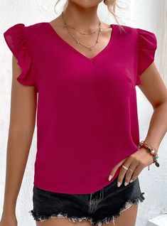 Version: loose typeLength: short (40cm < length ≤50cm)Pattern: solid colorPopular elements: backlessColor: rose redSize: S,M,L,XL Pink Solid Color V-neck Tops, Pink V-neck Solid Color Tops, Solid Color Feminine V-neck Top, Pink V-neck Blouse With Ruffles, Feminine Red V-neck Tops, Chic Red Flutter Sleeve Top, Feminine Pink Solid Color Tops, Chic Pink Solid Color Top, Chic Solid Pink Top