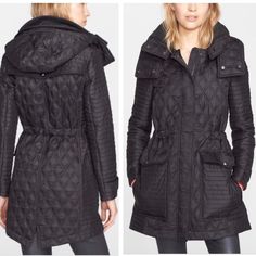 In Very Good Condition Size: Small Black Quilted Hooded Parka, Black Hooded Quilted Parka, Black Quilted Long Sleeve Hooded Jacket, Black Hooded Quilted Jacket, Black Quilted Parka For Fall, Surface Embellishment, Quilted Anorak, Oversized Pockets, Burberry Outfit