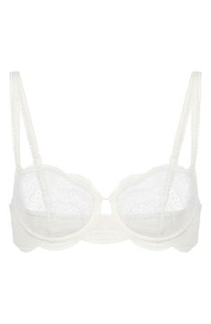 A French-designed bra with lightweight, breathable spacer-foam demi cups is overlaid in flat, scalloped lace for everyday glamour. 69% polyamide, 31% elastane or 73% polyamide, 27% elastane Hand wash, dry flat Partially lined Imported Beige Lace Bra With Lace Closure, Cream Full Coverage Bra With Removable Pads, Full Coverage Cream Bra With Removable Pads, Beige Lace Bra Comfortable, White Lace Feminine Bra, White Lace Bra Feminine Style, White Full Coverage Lace Bra, White Lace Underwire Bra, White Underwire Bra With Removable Cups