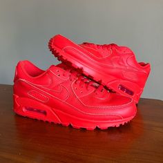 Nike Air Max 90 “Triple Red” Do7430 900 Custom By You Mens Size 8 No Box 046 Red Fade-resistant Custom Sneakers For Streetwear, Red High-top Custom Sneakers Fade-resistant, Red Leather Fade-resistant Sneakers, Red Custom Sneakers With Air Max Cushioning For Sports, Red Custom Sneakers With Air Cushioning For Sports, Red Leather Sneakers With Air Cushioning, Custom Leather Running Sneakers With Red Sole, Nike Air Max Custom Red Sneakers, Custom Red Leather Sneakers With Air Cushioning