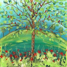 a painting of a tree with red flowers in the foreground