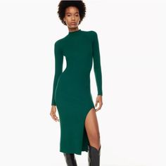 Questions? Leave A Comment Below! Knit Bodycon Midi Dress, Chic Green Knit Midi Dress, Winter Knit Fitted Midi Dress, Fitted Ribbed Maxi Dress For Fall, Fitted Green Midi Sweater Dress, Green Fitted Midi Length Sweater Dress, Green Fitted Midi Sweater Dress, Fitted Green Sweater Dress Midi Length, High Neck Ribbed Bodycon Midi Dress