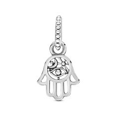 Always channel positive vibes with the Protective Hamsa Hand Dangle Charm. Hand-finished in sterling silver, this Hamsa charm features an intricate openwork design and hangs from a beaded bail. Eye, rays and crescent moon motifs feature inside the hand, which includes beading along its outline as a reference to signature Pandora design. A talisman to defend against evil, the dangling hand is seen as a gesture of welcoming an abundance of goodness, kindness, friendship and grace into your life. Spiritual Sterling Silver Charms, Pandora Design, Silver Pandora Charms, Hamsa Charm, Pandora Bracelet Charms, Leather Box, Silver Prices, Bracelet Sterling Silver, Hamsa Hand