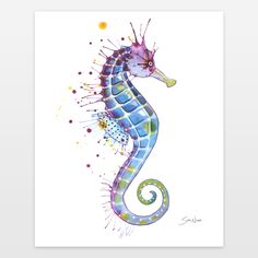 a watercolor painting of a seahorse with splots on it's body