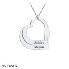 Double the love! This beautiful double-heart necklace makes the perfect gift for yourself or someone special. The customizable pendant features two overlapping cutout hearts in your choice of sterling silver, white, yellow, or rose gold. Personalize yours by adding the names of you and your loved one for the perfect heartfelt gift for any occasion. Double Heart Stainless Steel Jewelry For Personalized Gift, Personalized Stainless Steel Double Heart Jewelry, Personalized Open Heart Name Necklace, Silver Double Heart Custom Name Necklaces, Personalized White Open Heart Jewelry, Customizable Silver Open Heart Jewelry, Personalized Double Heart Name Necklace, Personalized White Gold Heart Necklace For Anniversary, Personalized White Gold Heart Necklace Anniversary Gift