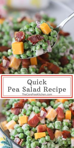 pea salad with bacon and cheese in a glass bowl