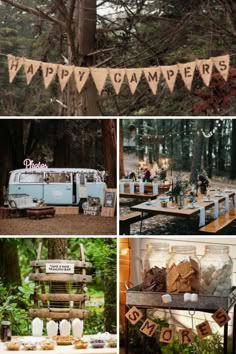 a collage of photos with an old vw camper and bunting banner