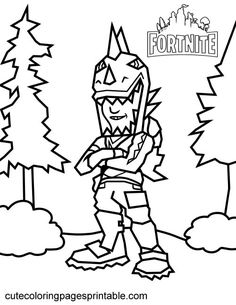 a coloring page for fortie with a cartoon character in front of trees and the word fort