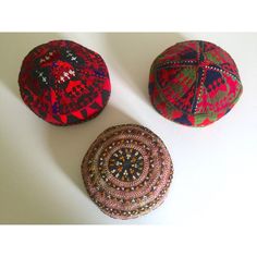 This collection of 3 rare vintage Uzbek Afghani Turkmen hand embroidered tribal one of a kind hats are an incredibly special and unique set to add to your collection. Handmade of beautiful multicolor hand embroidery. The 3 vintage Turkmen tribal style hats are made in the Uzbekistan northern Afghanistan regions. The gorgeous multicolor pattern designs are outstanding examples of exquisite traditional fine folk art ethnic handwork.  This collection of 3 rare vintage one of a kind hats are beautif Traditional Multicolor Hats, Traditional Embroidered Multicolor Hats, Afghanistan Embroidery, Uzbekistan Embroidery, Traditional Handmade Hat-shaped Headpiece, 3 Things, The 3, Hat Fashion, Hand Embroidered