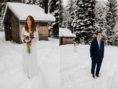 a man and woman standing in the snow next to each other, holding bouquets