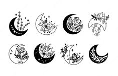 six phases of the moon with flowers and stars on white background, hand drawn illustration